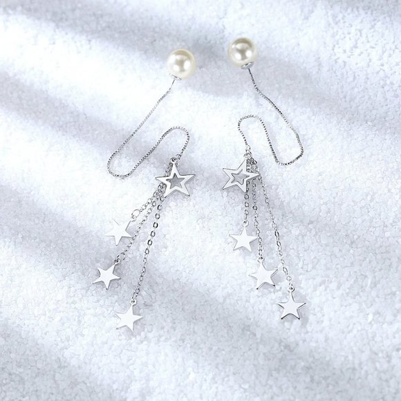 NEW 925 Sterling Silver Pearl Star Drop Earrings Q - Picture 6 of 8